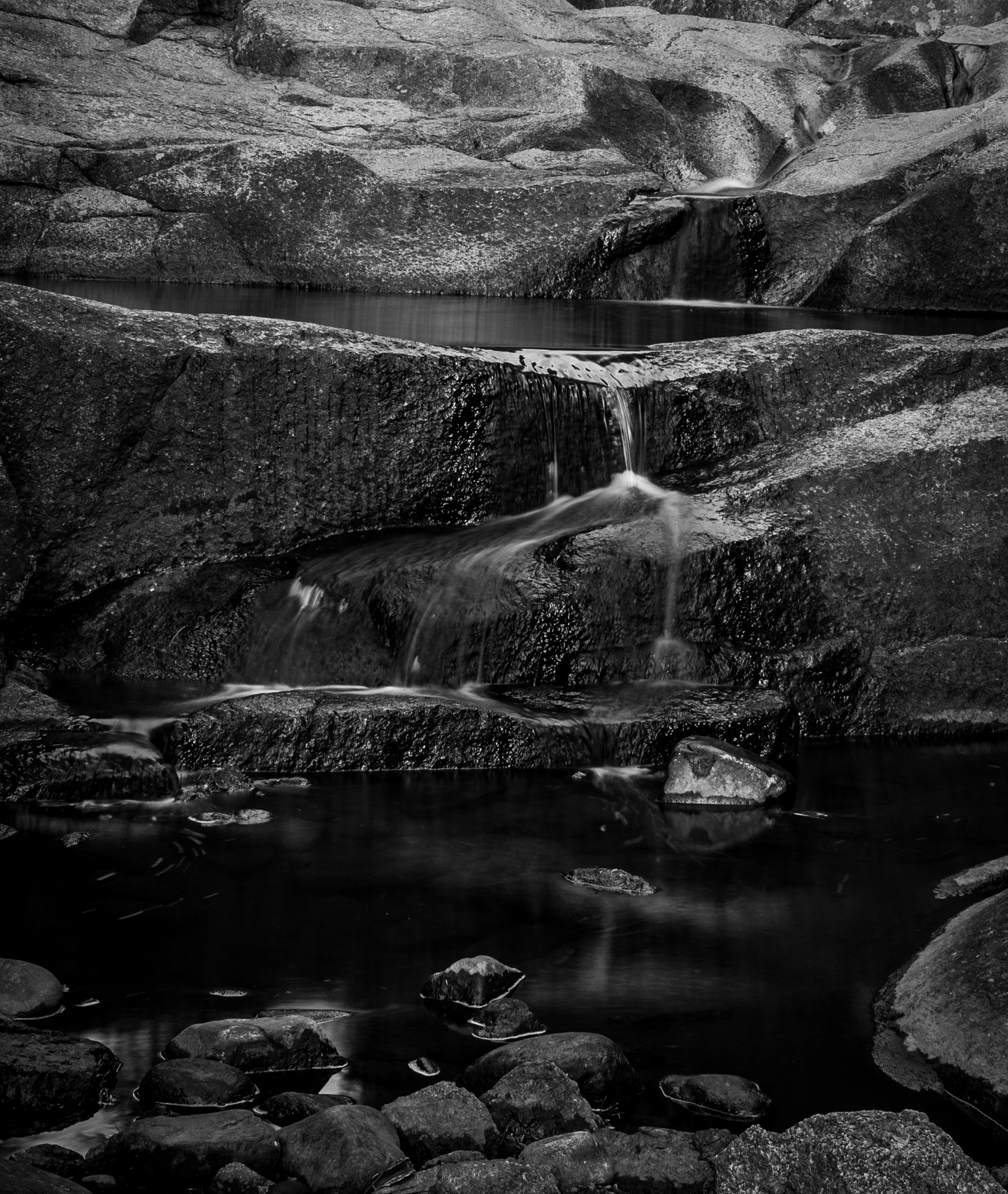 Black and white water flowing over rocks